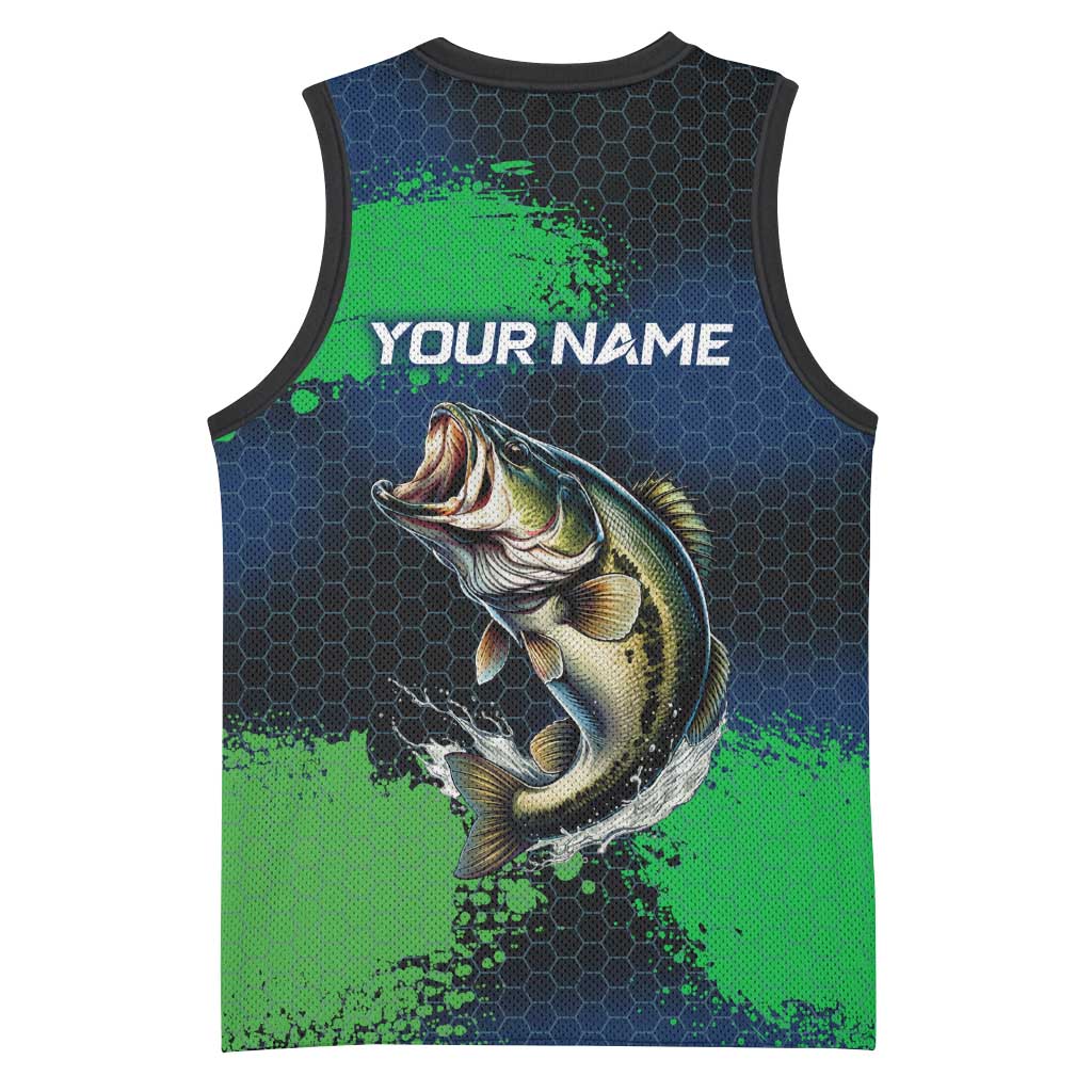 Personalized Bass Fishing Basketball Jersey with Jumping Fish – Green and Black Angler Design - Wonder Print Shop