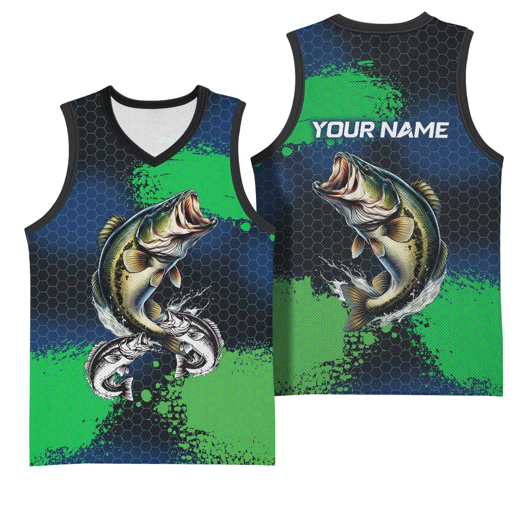 Personalized Bass Fishing Basketball Jersey with Jumping Fish – Green and Black Angler Design - Wonder Print Shop