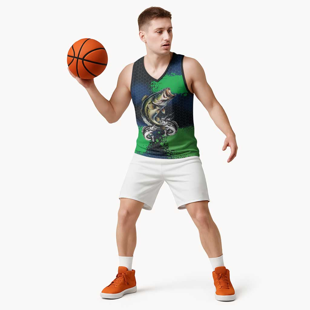 Personalized Bass Fishing Basketball Jersey with Jumping Fish – Green and Black Angler Design - Wonder Print Shop