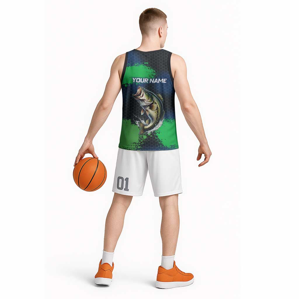 Personalized Bass Fishing Basketball Jersey with Jumping Fish – Green and Black Angler Design - Wonder Print Shop