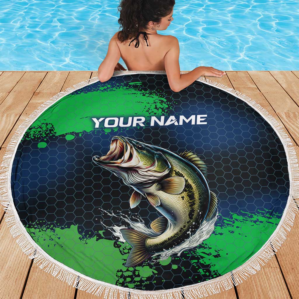Personalized Bass Fishing Beach Blanket with Jumping Fish – Green and Black Angler Design - Wonder Print Shop