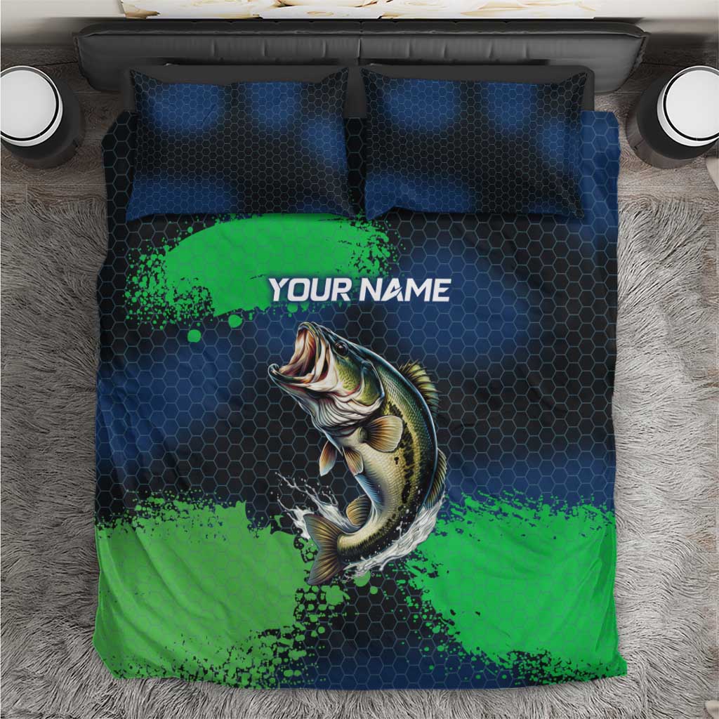 Personalized Bass Fishing Bedding Set with Jumping Fish – Green and Black Angler Design - Wonder Print Shop