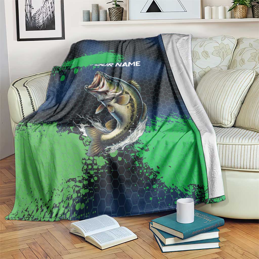 Personalized Bass Fishing Blanket with Jumping Fish – Green and Black Angler Design - Wonder Print Shop