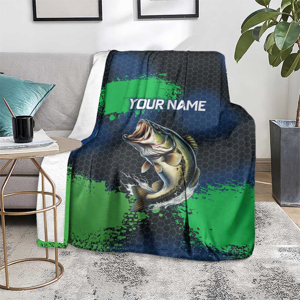 Personalized Bass Fishing Blanket with Jumping Fish – Green and Black Angler Design - Wonder Print Shop