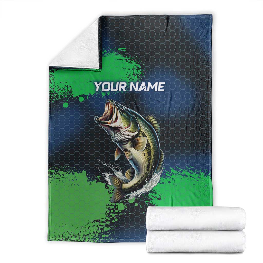 Personalized Bass Fishing Blanket with Jumping Fish – Green and Black Angler Design - Wonder Print Shop