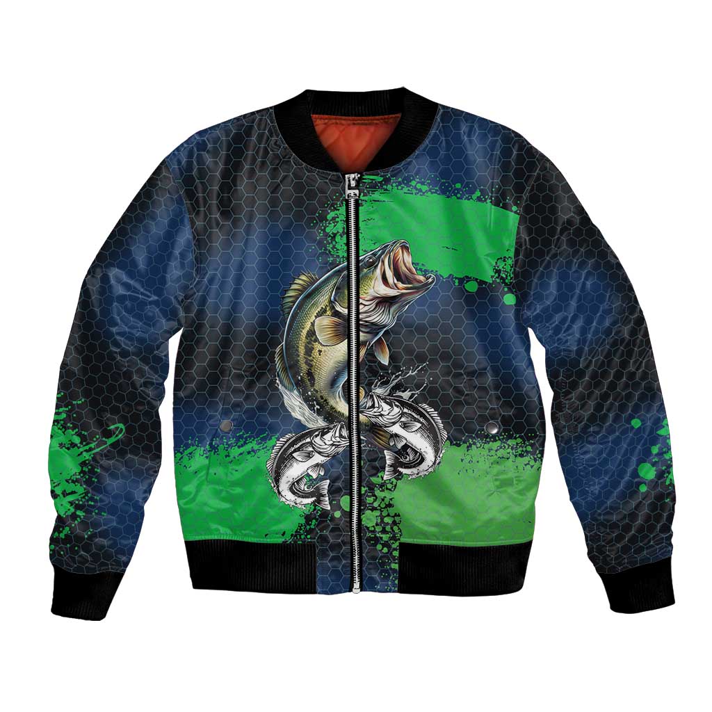 Personalized Bass Fishing Bomber Jacket with Jumping Fish – Green and Black Angler Design - Wonder Print Shop