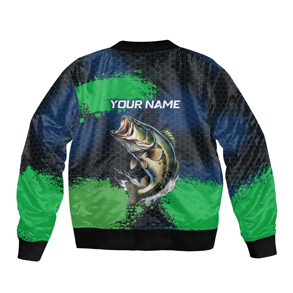 Personalized Bass Fishing Bomber Jacket with Jumping Fish – Green and Black Angler Design - Wonder Print Shop