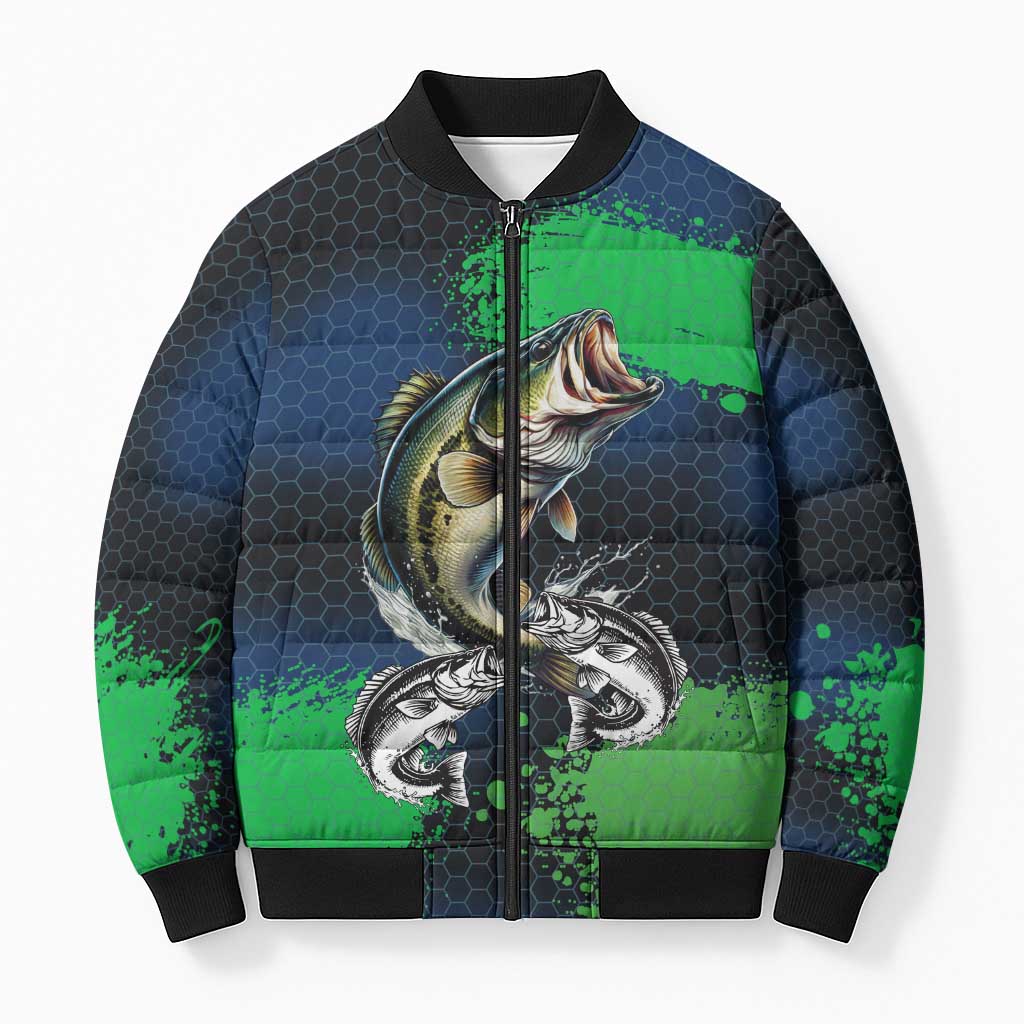 Personalized Bass Fishing Bomber Puffer Jacket with Jumping Fish – Green and Black Angler Design - Wonder Print Shop