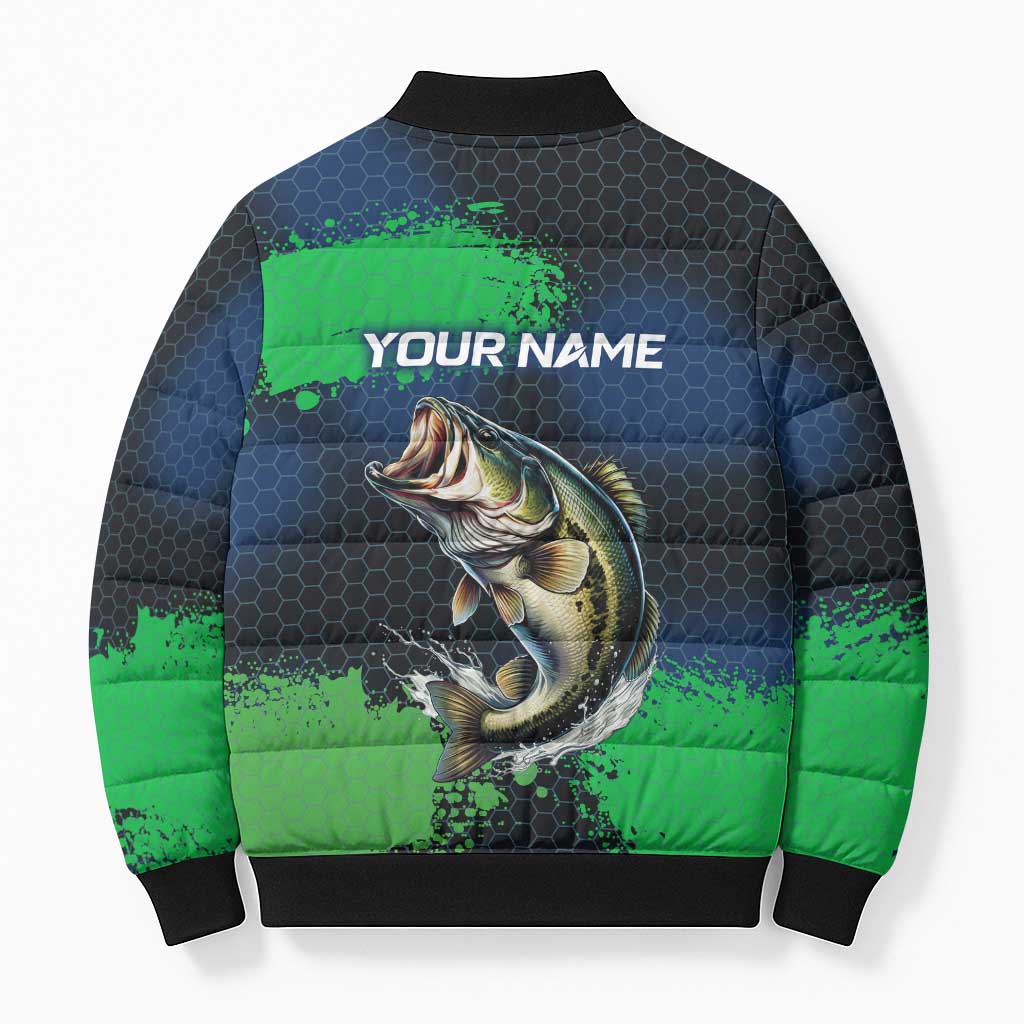 Personalized Bass Fishing Bomber Puffer Jacket with Jumping Fish – Green and Black Angler Design - Wonder Print Shop