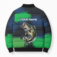 Personalized Bass Fishing Bomber Puffer Jacket with Jumping Fish – Green and Black Angler Design - Wonder Print Shop