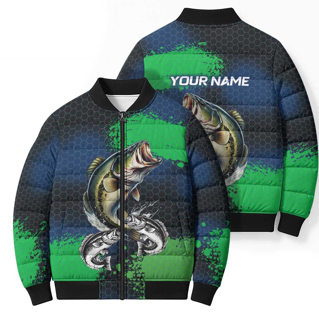 Personalized Bass Fishing Bomber Puffer Jacket with Jumping Fish – Green and Black Angler Design - Wonder Print Shop