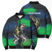 Personalized Bass Fishing Bomber Puffer Jacket with Jumping Fish – Green and Black Angler Design - Wonder Print Shop