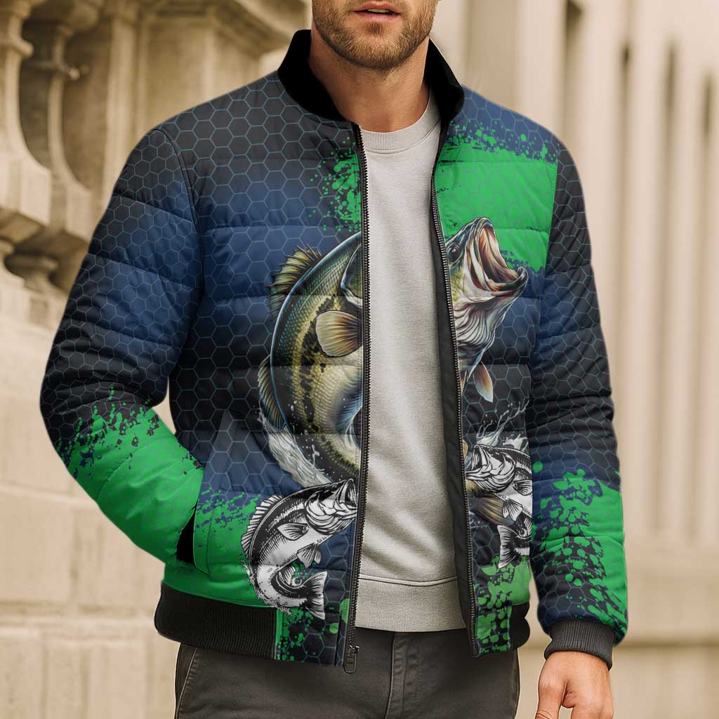 Personalized Bass Fishing Bomber Puffer Jacket with Jumping Fish – Green and Black Angler Design - Wonder Print Shop