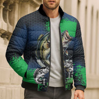 Personalized Bass Fishing Bomber Puffer Jacket with Jumping Fish – Green and Black Angler Design - Wonder Print Shop
