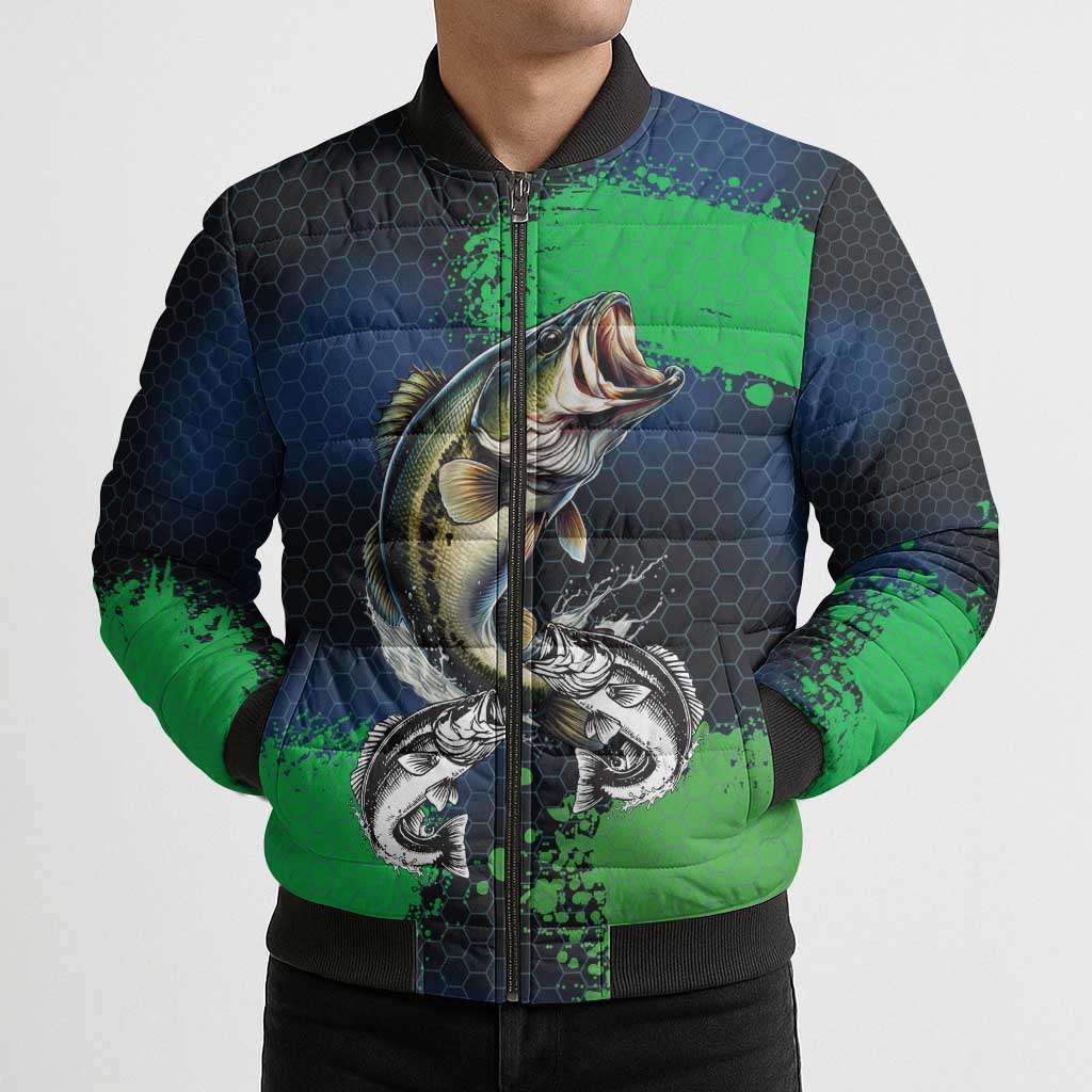 Personalized Bass Fishing Bomber Puffer Jacket with Jumping Fish – Green and Black Angler Design - Wonder Print Shop