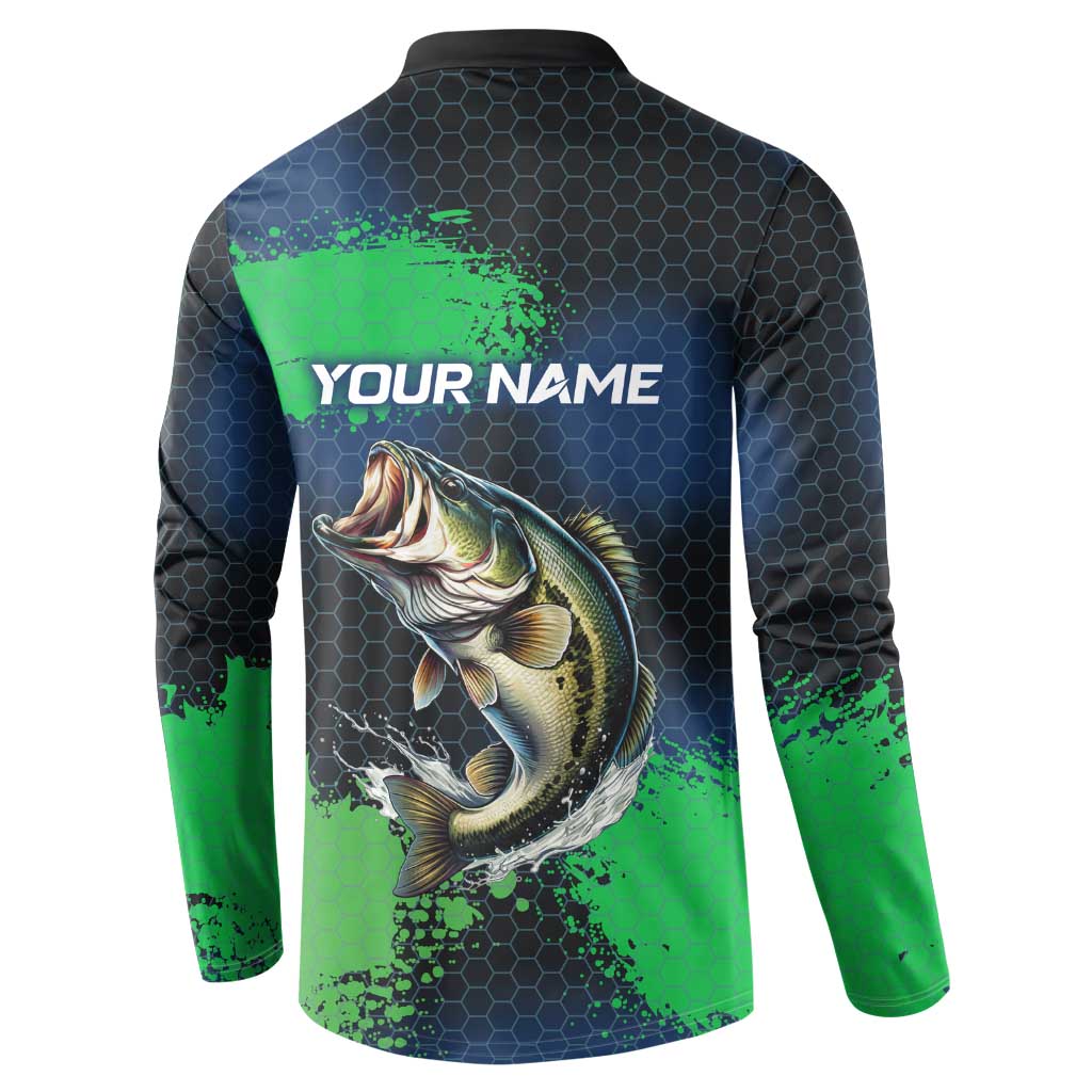 Personalized Bass Fishing Button Sweatshirt with Jumping Fish – Green and Black Angler Design - Wonder Print Shop
