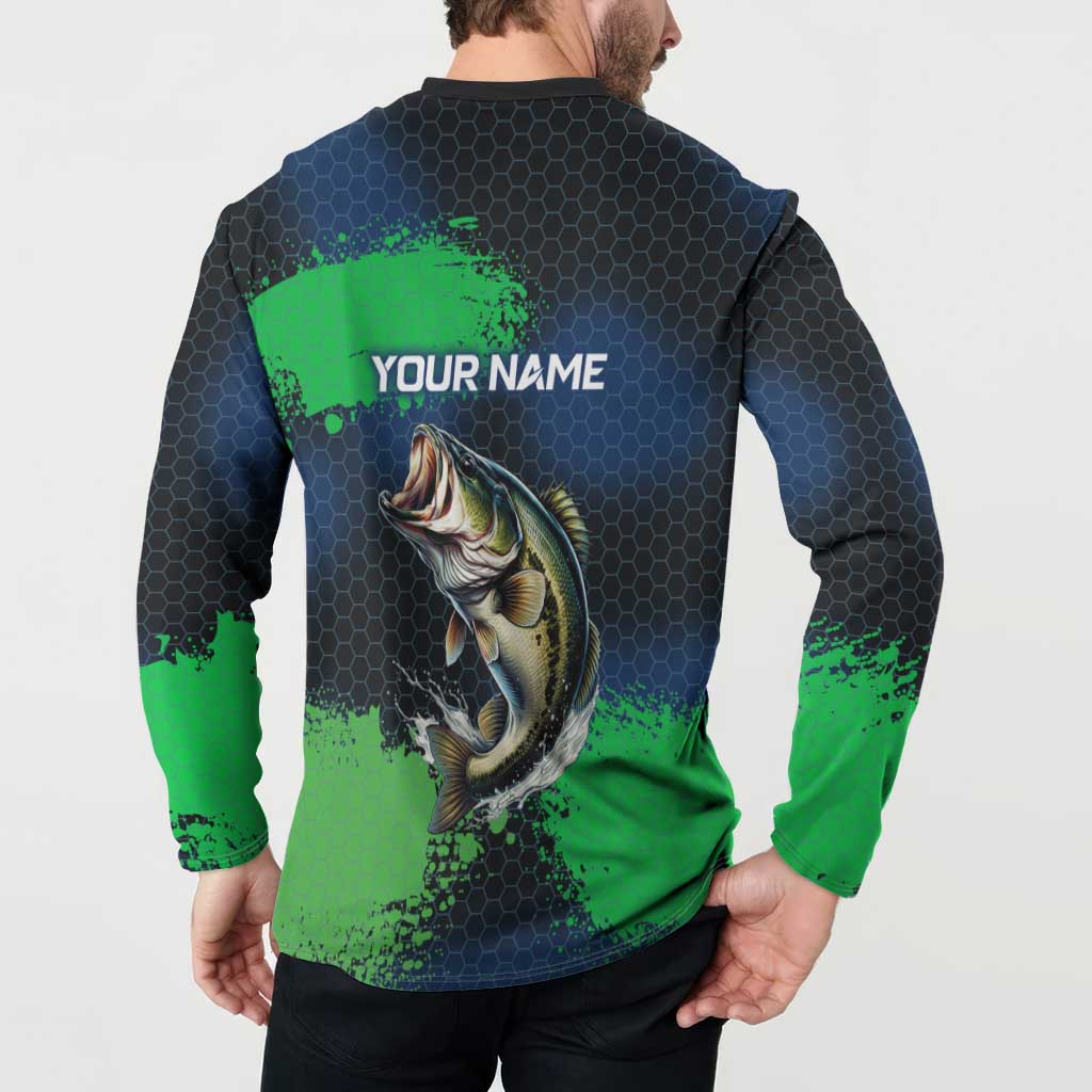Personalized Bass Fishing Button Sweatshirt with Jumping Fish – Green and Black Angler Design - Wonder Print Shop