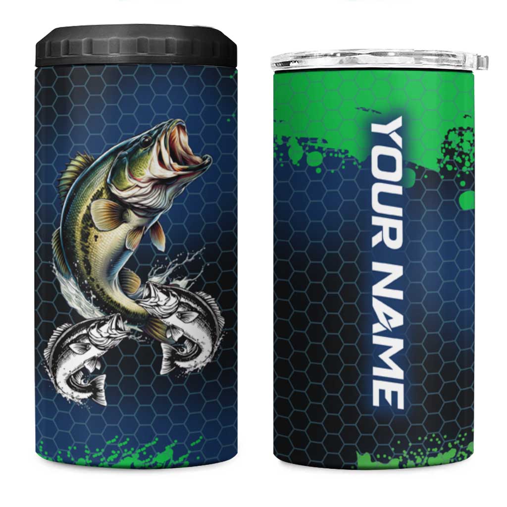 Personalized Bass Fishing 4 in 1 Can Cooler Tumbler with Jumping Fish – Green and Black Angler Design - Wonder Print Shop