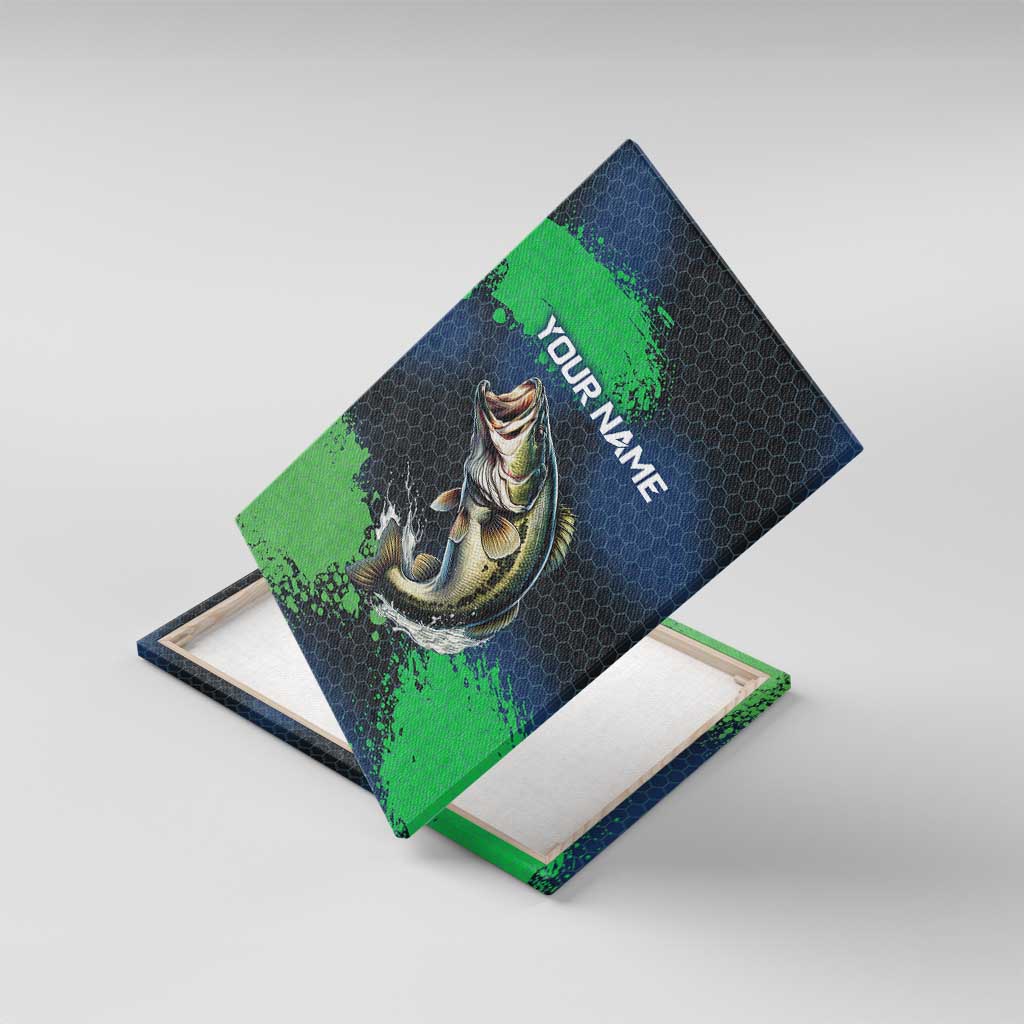 Personalized Bass Fishing Canvas Wall Art with Jumping Fish – Green and Black Angler Design - Wonder Print Shop
