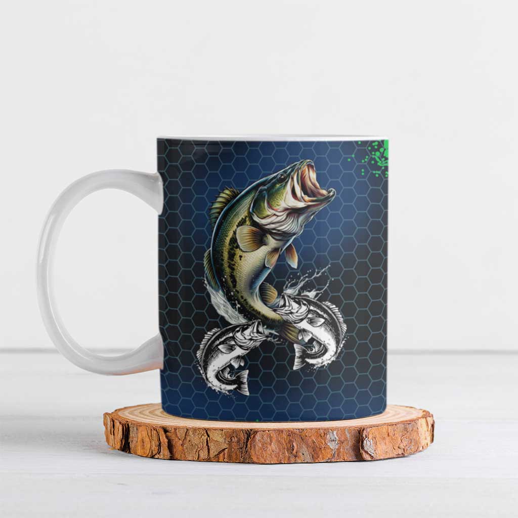 Personalized Bass Fishing Ceramic Mug with Jumping Fish – Green and Black Angler Design - Wonder Print Shop