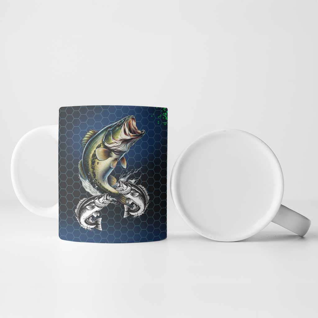 Personalized Bass Fishing Ceramic Mug with Jumping Fish – Green and Black Angler Design - Wonder Print Shop