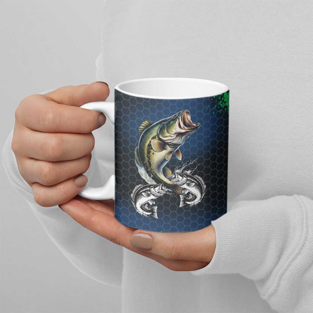Personalized Bass Fishing Ceramic Mug with Jumping Fish – Green and Black Angler Design - Wonder Print Shop