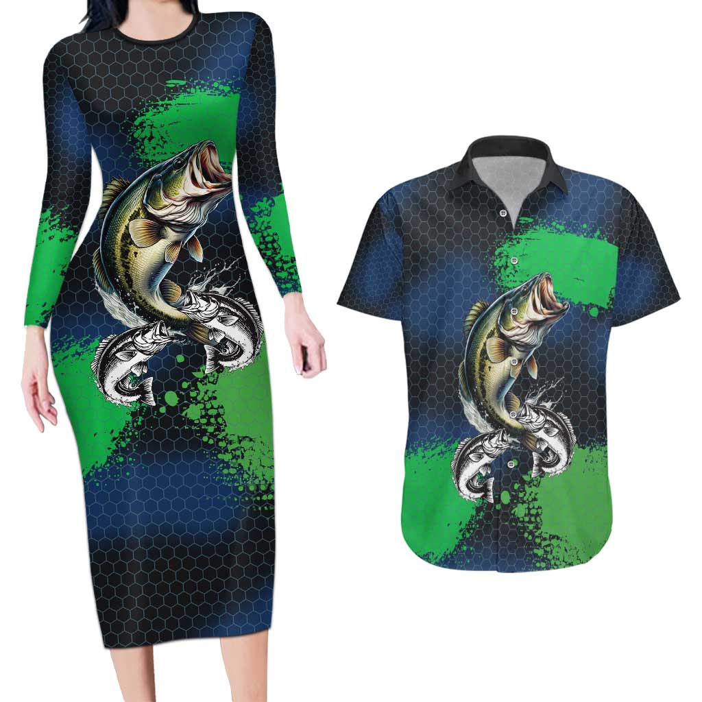 Personalized Bass Fishing Couples Matching Long Sleeve Bodycon Dress and Hawaiian Shirt with Jumping Fish – Green and Black Angler Design - Wonder Print Shop