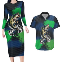 Personalized Bass Fishing Couples Matching Long Sleeve Bodycon Dress and Hawaiian Shirt with Jumping Fish – Green and Black Angler Design - Wonder Print Shop