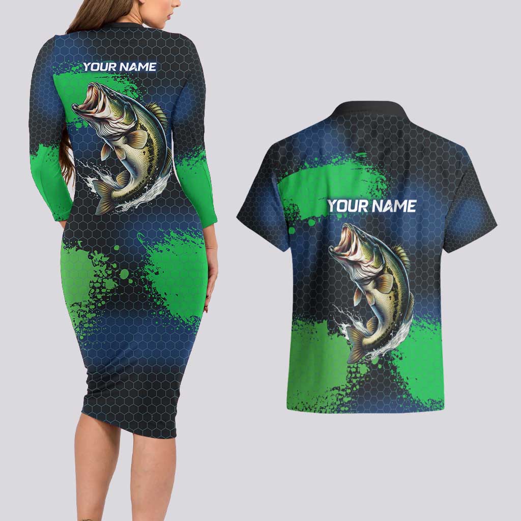 Personalized Bass Fishing Couples Matching Long Sleeve Bodycon Dress and Hawaiian Shirt with Jumping Fish – Green and Black Angler Design - Wonder Print Shop