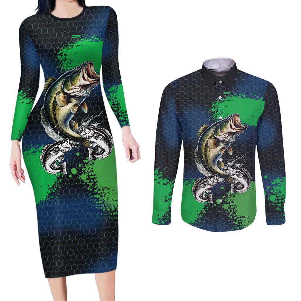 Personalized Bass Fishing Couples Matching Long Sleeve Bodycon Dress and Long Sleeve Button Shirt with Jumping Fish – Green and Black Angler Design - Wonder Print Shop