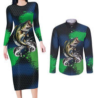 Personalized Bass Fishing Couples Matching Long Sleeve Bodycon Dress and Long Sleeve Button Shirt with Jumping Fish – Green and Black Angler Design - Wonder Print Shop