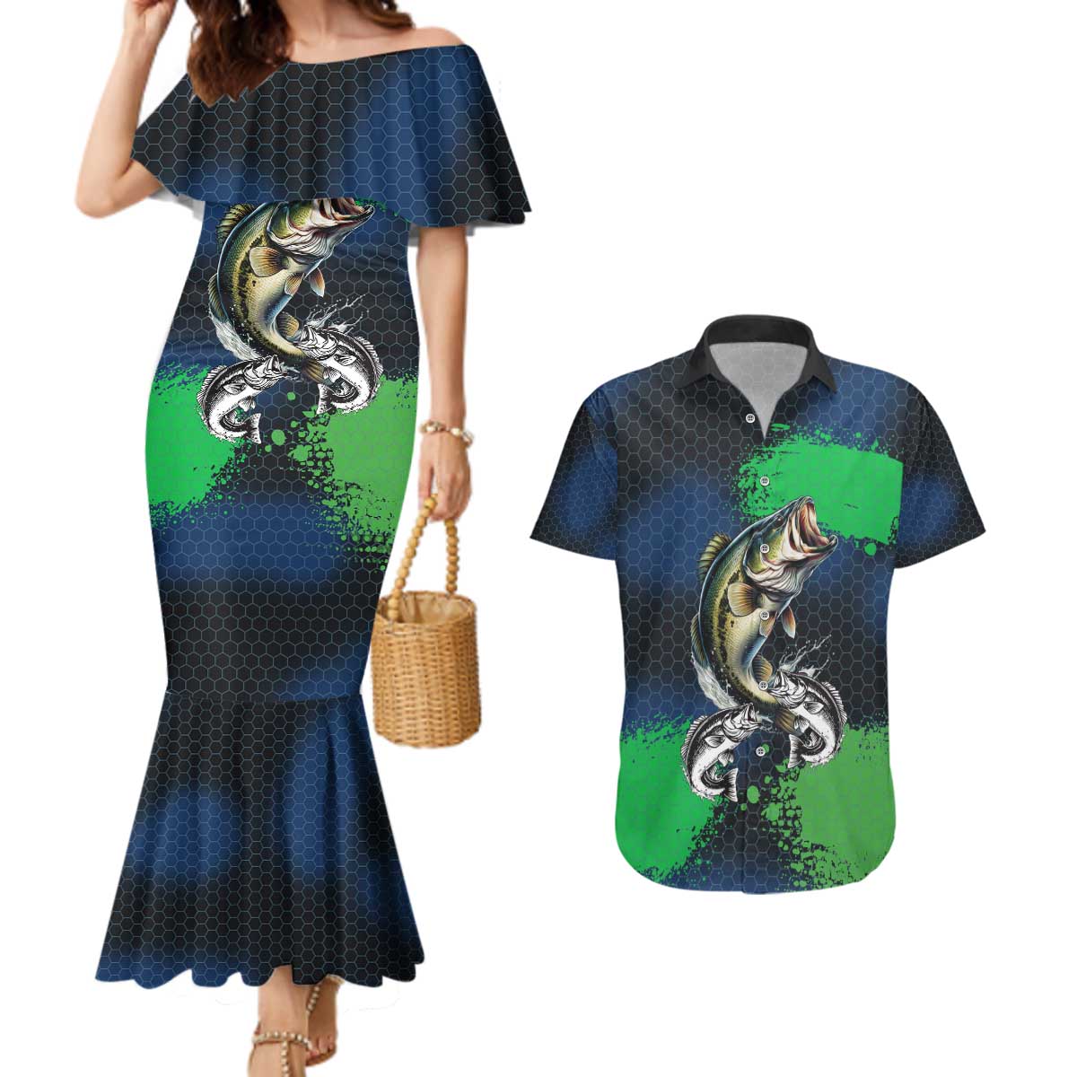 Personalized Bass Fishing Couples Matching Mermaid Dress and Hawaiian Shirt with Jumping Fish – Green and Black Angler Design - Wonder Print Shop