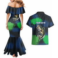 Personalized Bass Fishing Couples Matching Mermaid Dress and Hawaiian Shirt with Jumping Fish – Green and Black Angler Design - Wonder Print Shop
