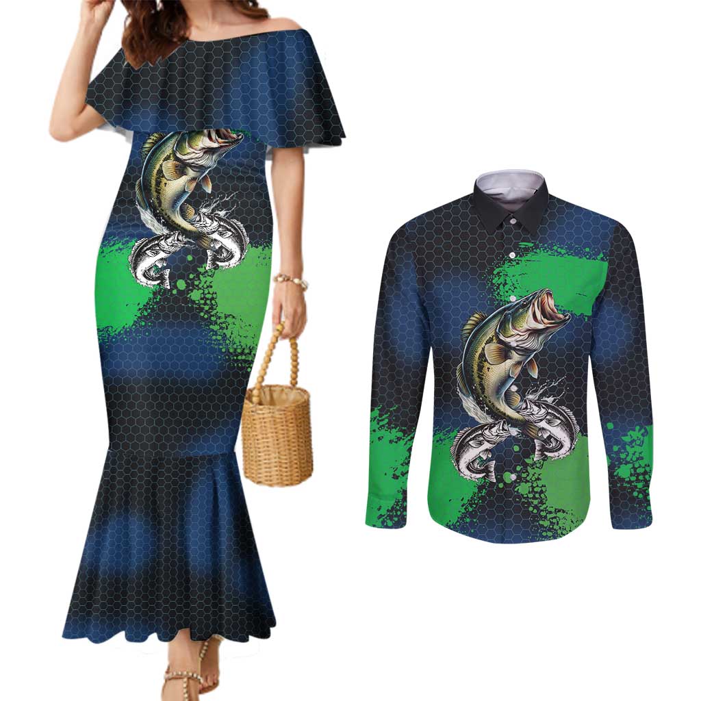 Personalized Bass Fishing Couples Matching Mermaid Dress and Long Sleeve Button Shirt with Jumping Fish – Green and Black Angler Design - Wonder Print Shop