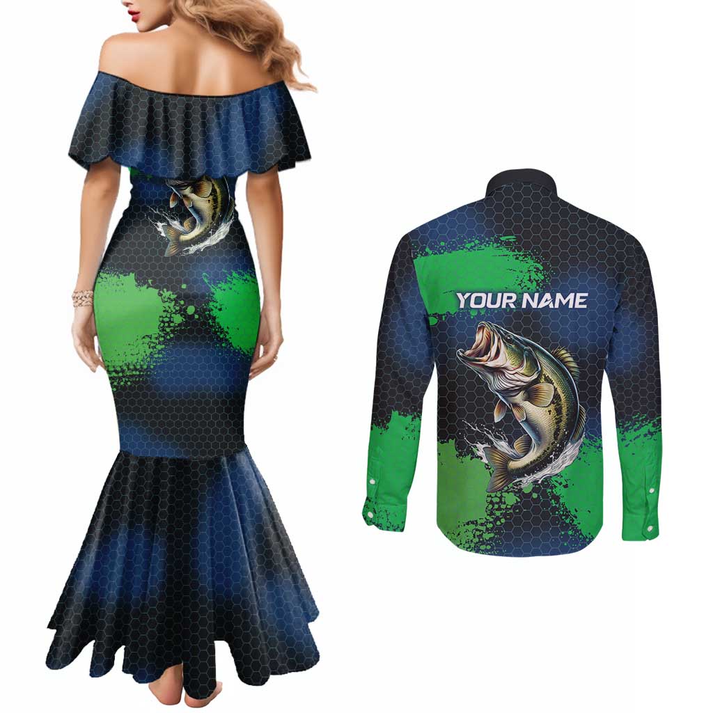 Personalized Bass Fishing Couples Matching Mermaid Dress and Long Sleeve Button Shirt with Jumping Fish – Green and Black Angler Design - Wonder Print Shop
