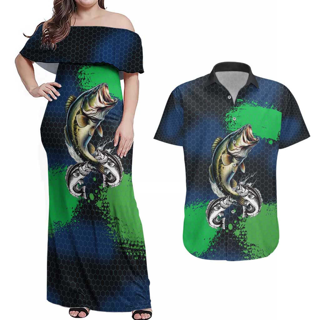 Personalized Bass Fishing Couples Matching Off Shoulder Maxi Dress and Hawaiian Shirt with Jumping Fish – Green and Black Angler Design - Wonder Print Shop