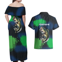 Personalized Bass Fishing Couples Matching Off Shoulder Maxi Dress and Hawaiian Shirt with Jumping Fish – Green and Black Angler Design - Wonder Print Shop