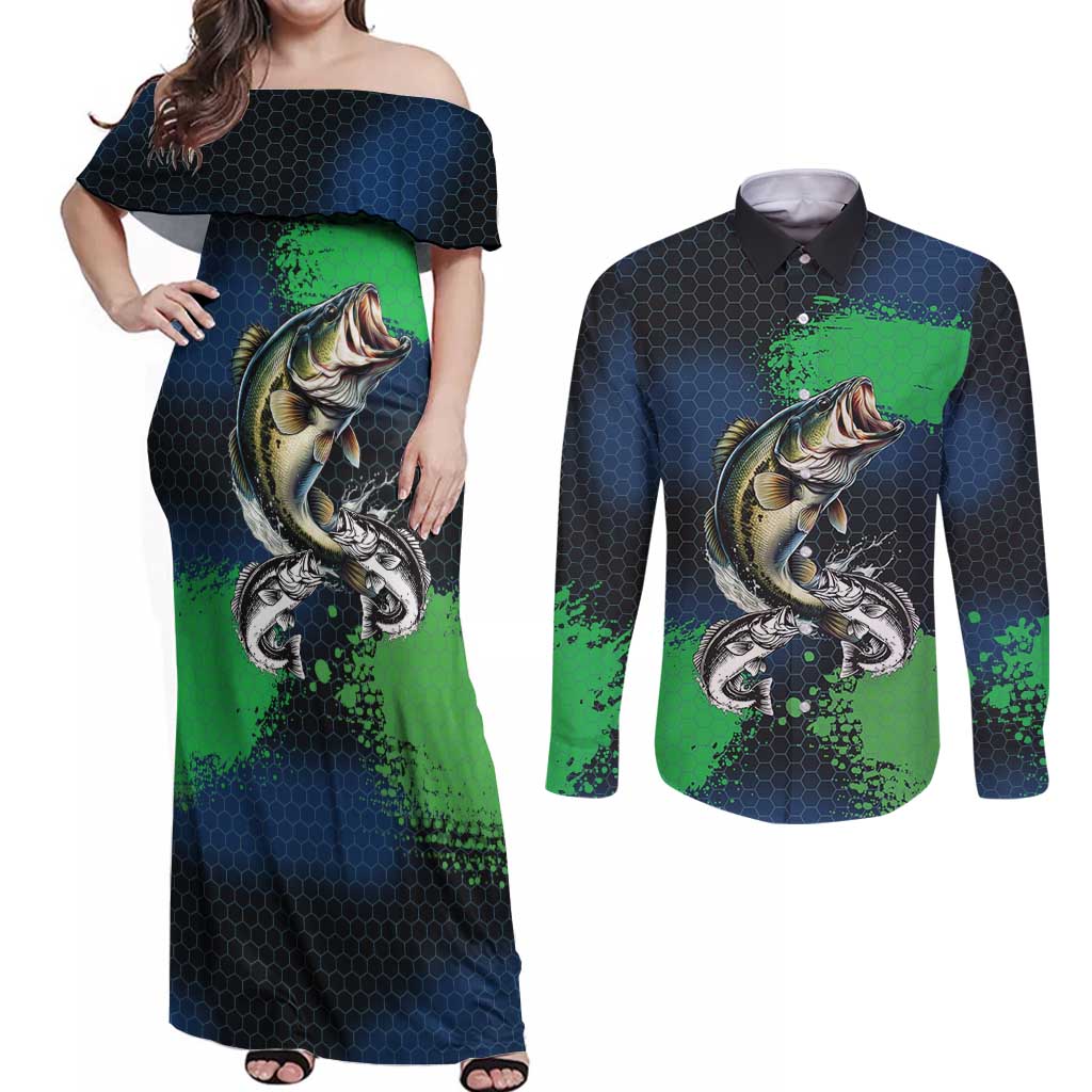 Personalized Bass Fishing Couples Matching Off Shoulder Maxi Dress and Long Sleeve Button Shirt with Jumping Fish – Green and Black Angler Design - Wonder Print Shop
