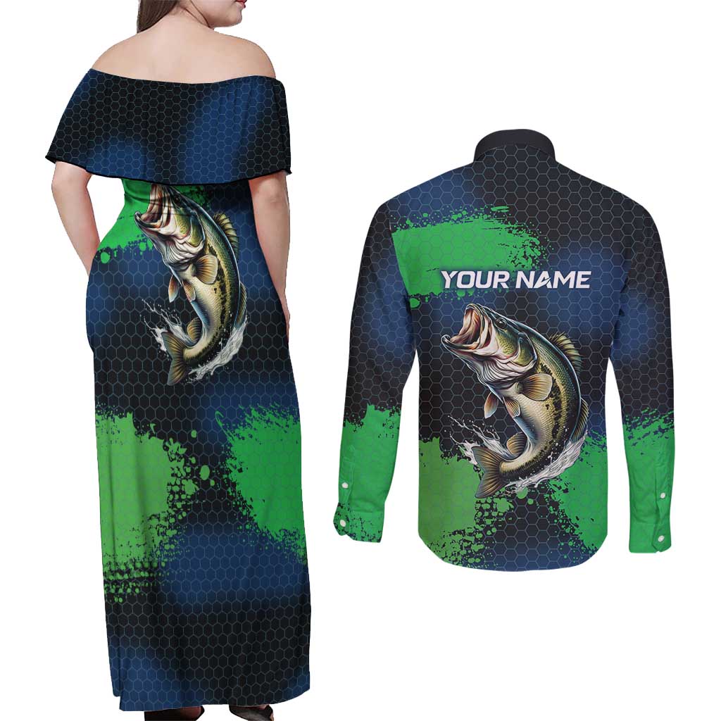 Personalized Bass Fishing Couples Matching Off Shoulder Maxi Dress and Long Sleeve Button Shirt with Jumping Fish – Green and Black Angler Design - Wonder Print Shop