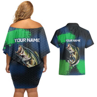Personalized Bass Fishing Couples Matching Off Shoulder Short Dress and Hawaiian Shirt with Jumping Fish – Green and Black Angler Design - Wonder Print Shop