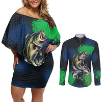 Personalized Bass Fishing Couples Matching Off Shoulder Short Dress and Long Sleeve Button Shirt with Jumping Fish – Green and Black Angler Design - Wonder Print Shop