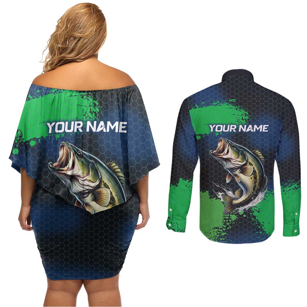 Personalized Bass Fishing Couples Matching Off Shoulder Short Dress and Long Sleeve Button Shirt with Jumping Fish – Green and Black Angler Design - Wonder Print Shop