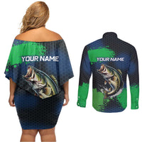 Personalized Bass Fishing Couples Matching Off Shoulder Short Dress and Long Sleeve Button Shirt with Jumping Fish – Green and Black Angler Design - Wonder Print Shop