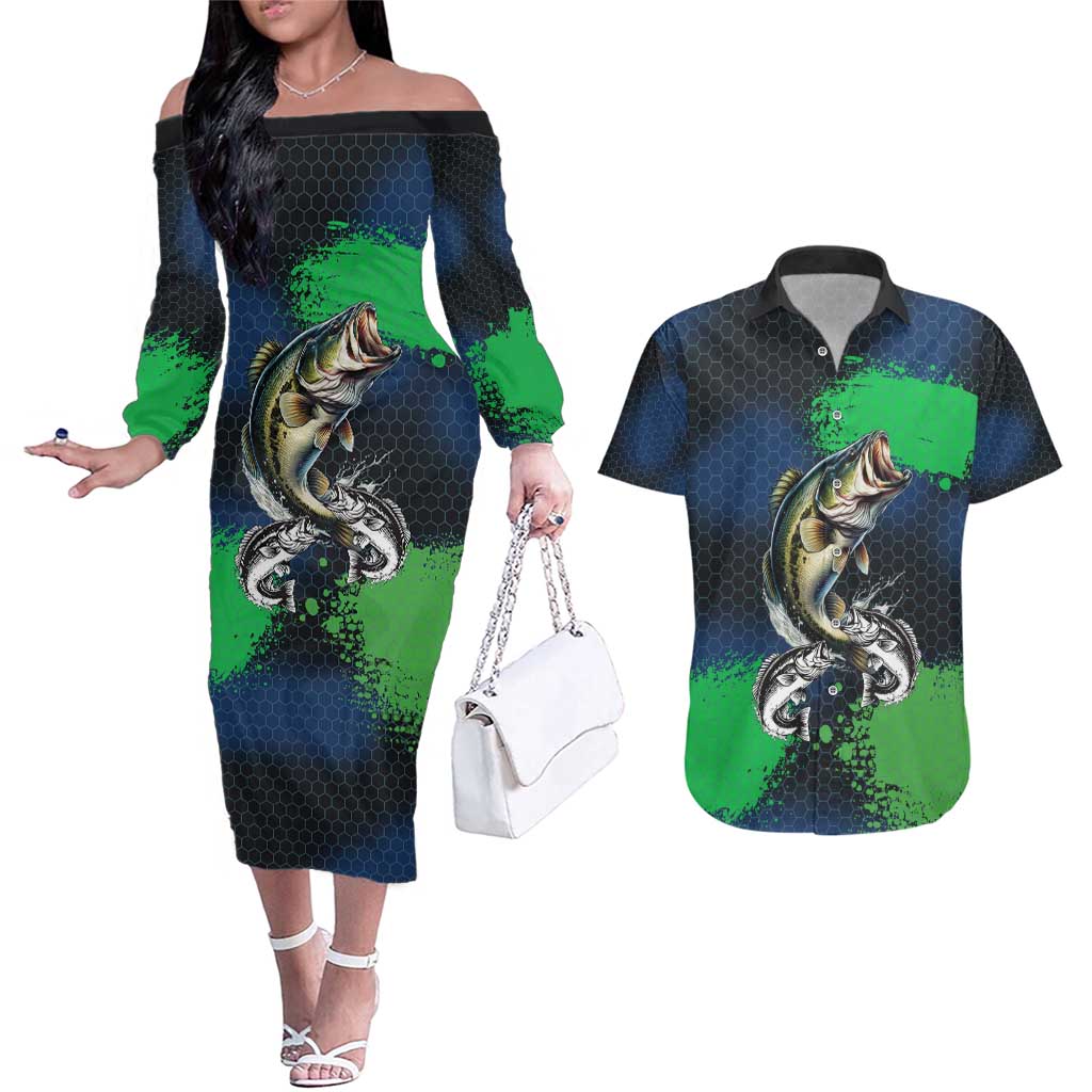 Personalized Bass Fishing Couples Matching Off The Shoulder Long Sleeve Dress and Hawaiian Shirt with Jumping Fish – Green and Black Angler Design - Wonder Print Shop