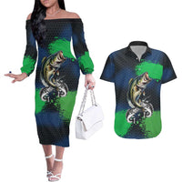 Personalized Bass Fishing Couples Matching Off The Shoulder Long Sleeve Dress and Hawaiian Shirt with Jumping Fish – Green and Black Angler Design - Wonder Print Shop