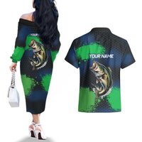 Personalized Bass Fishing Couples Matching Off The Shoulder Long Sleeve Dress and Hawaiian Shirt with Jumping Fish – Green and Black Angler Design - Wonder Print Shop