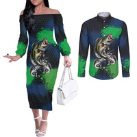Personalized Bass Fishing Couples Matching Off The Shoulder Long Sleeve Dress and Long Sleeve Button Shirt with Jumping Fish – Green and Black Angler Design - Wonder Print Shop