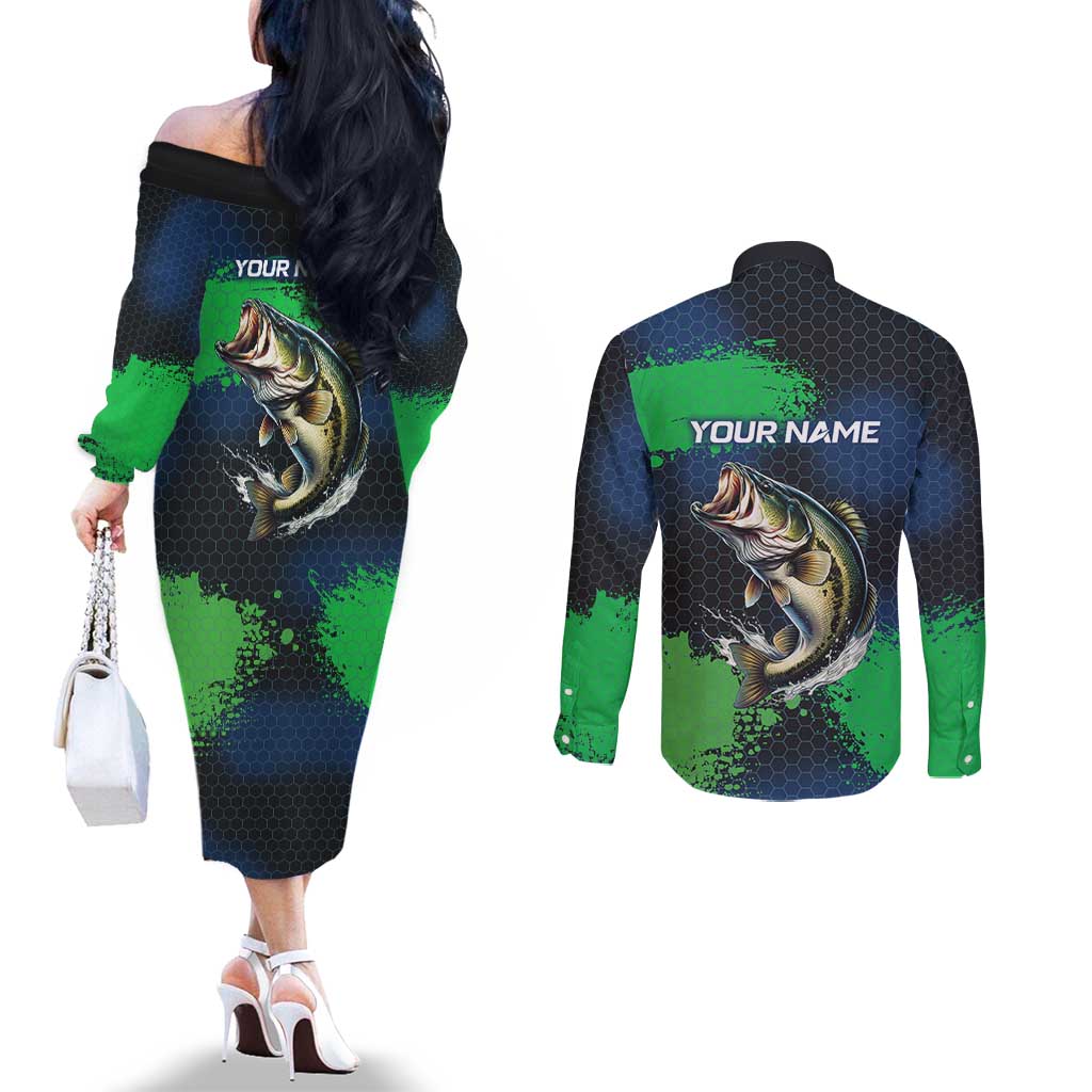 Personalized Bass Fishing Couples Matching Off The Shoulder Long Sleeve Dress and Long Sleeve Button Shirt with Jumping Fish – Green and Black Angler Design - Wonder Print Shop