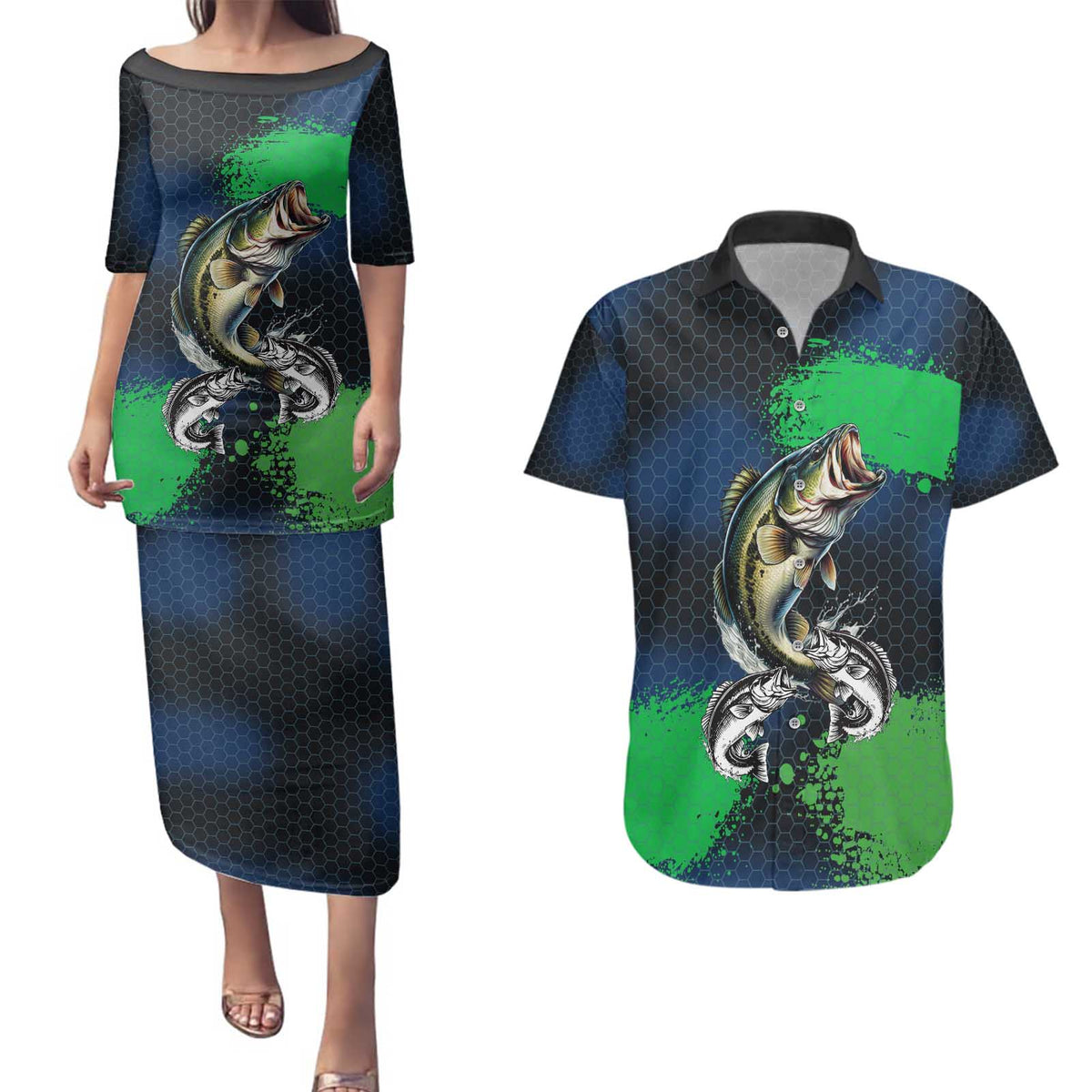 Personalized Bass Fishing Couples Matching Puletasi and Hawaiian Shirt with Jumping Fish – Green and Black Angler Design - Wonder Print Shop