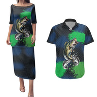 Personalized Bass Fishing Couples Matching Puletasi and Hawaiian Shirt with Jumping Fish – Green and Black Angler Design - Wonder Print Shop